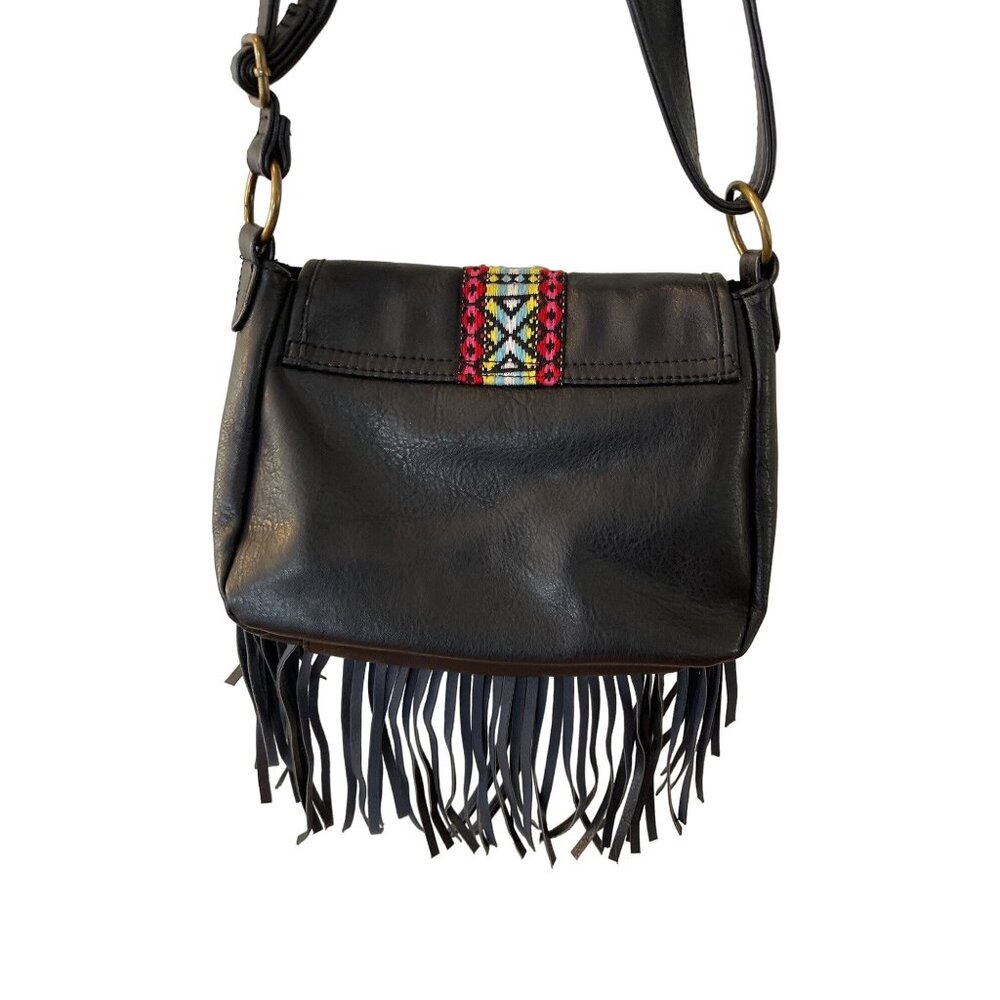Arizona Jean Co Black Faux Leather Crossbody Bag Fringe / Boho Embroidered M Siz - Picture 7 of 11